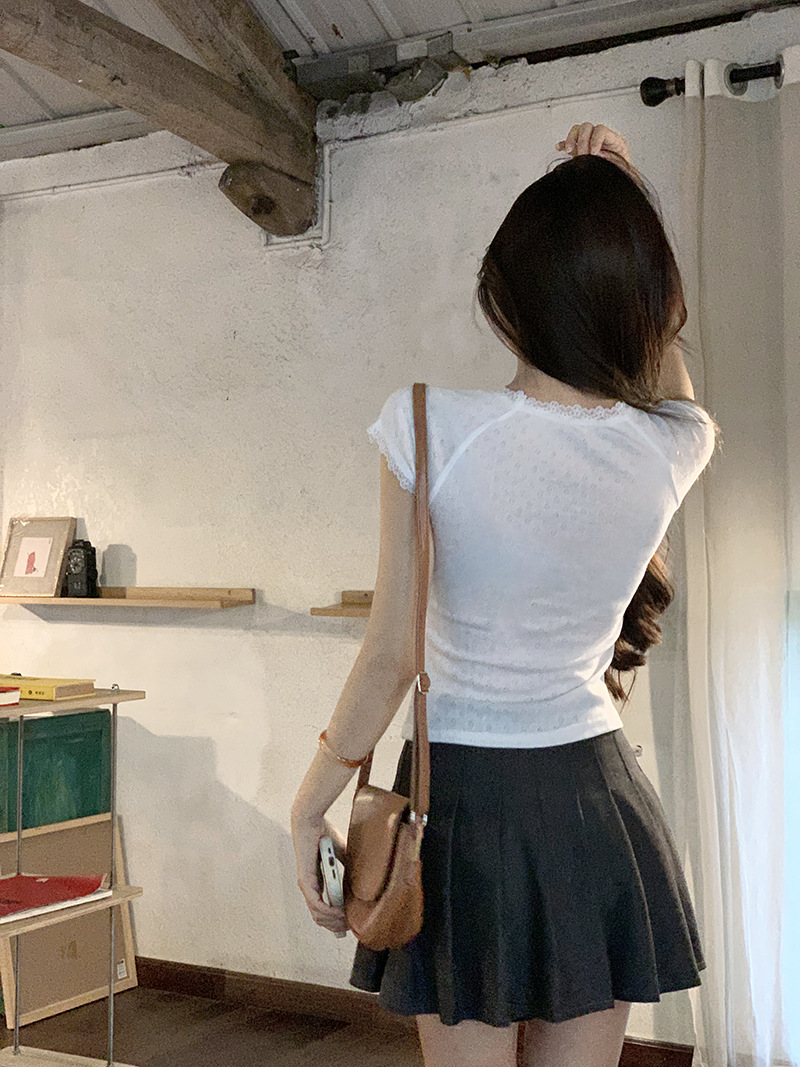 Lace lace slim fit short sleeved T-shirt