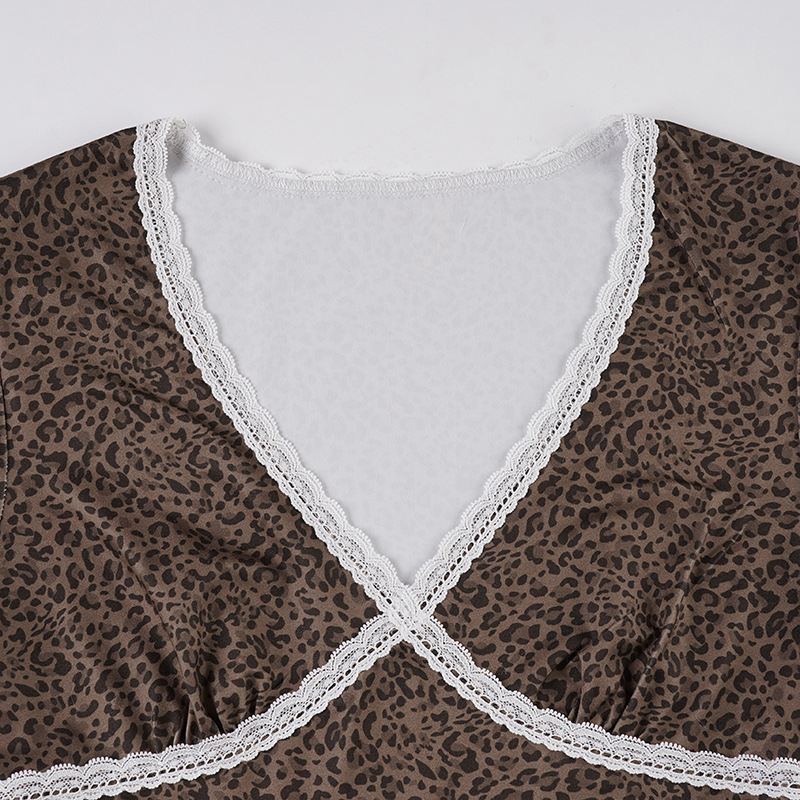 Vintage Leopard Lace Trim V-Neck Short Sleeve T-Shirt Elegant Close-Fit Crop Top