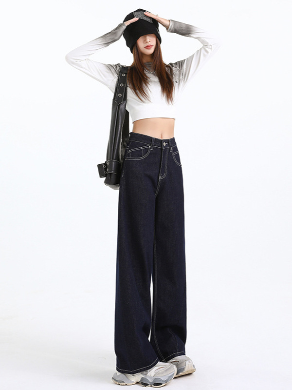 Women's Dark Blue Straight Loose Narrow Version Floor-Length Wide-Leg Long Pants