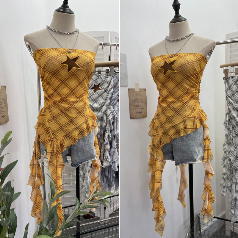 Sultry Asymmetric Plaid Mesh Strapless Top
