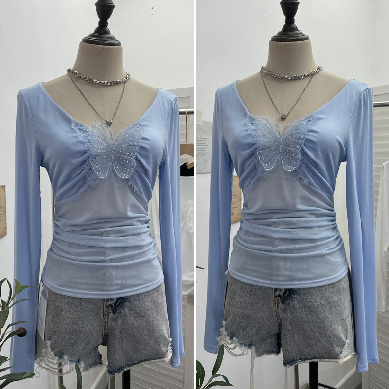 Full Sleeve V-Neck Openwork Slim Fit Tee