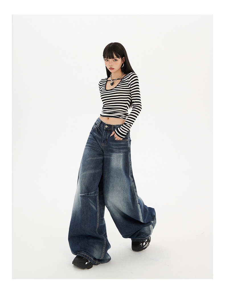 Women's Wide-Leg Jeans Washed Blue Pear-Shaped Slant Pants