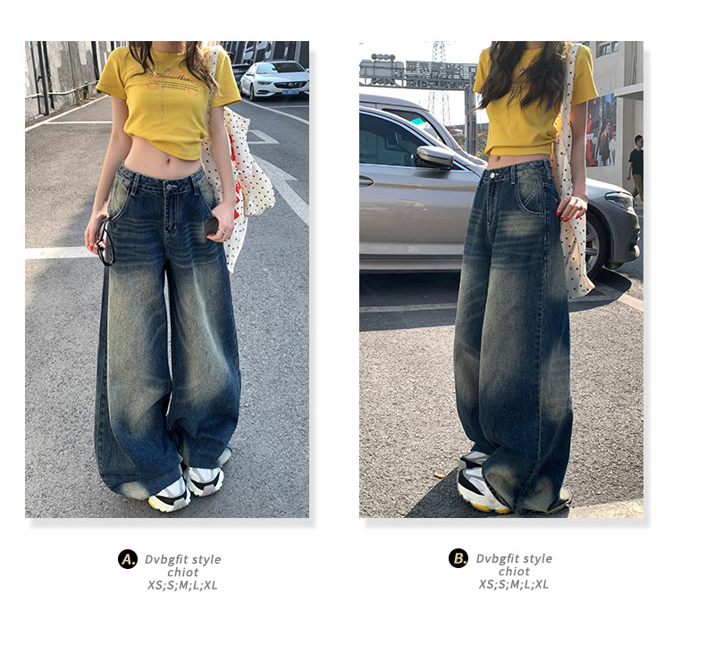 Women's Wide-Leg Jeans Low-Waist Loose Washed Straight Pants