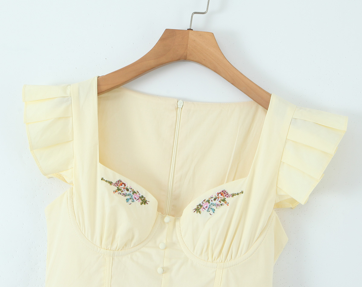 Wide Neck Short Sleeve A-Line Cotton Embroidery Dress