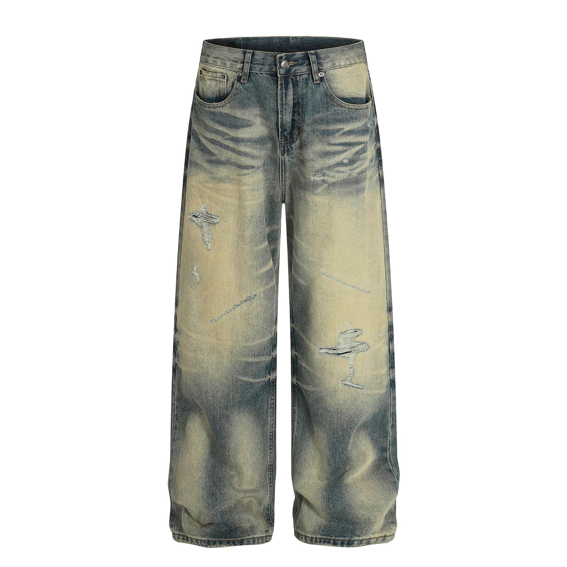 Style Trendy Unisex Street Retro Vintage Blue Cat Whisker Pattern Distressed Design Loose Fit Men's Jeans