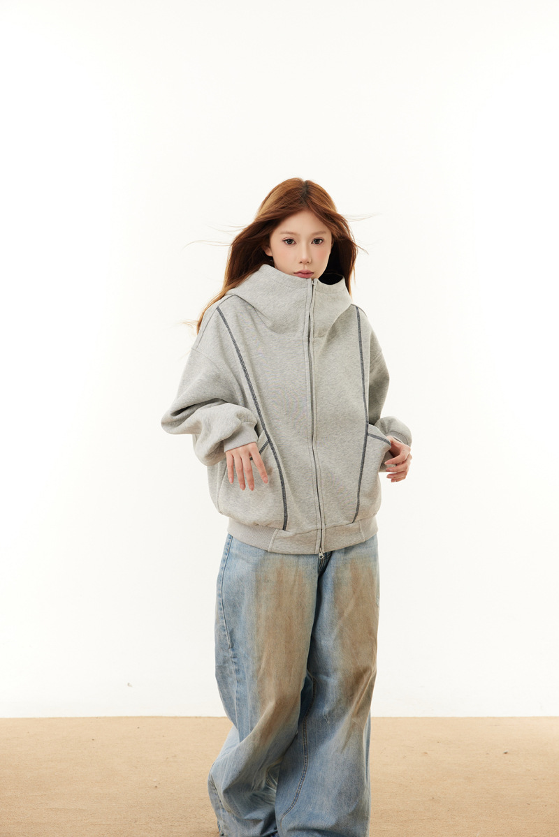 Street Relaxed Fit Zip-Up Letter Print Hoodie