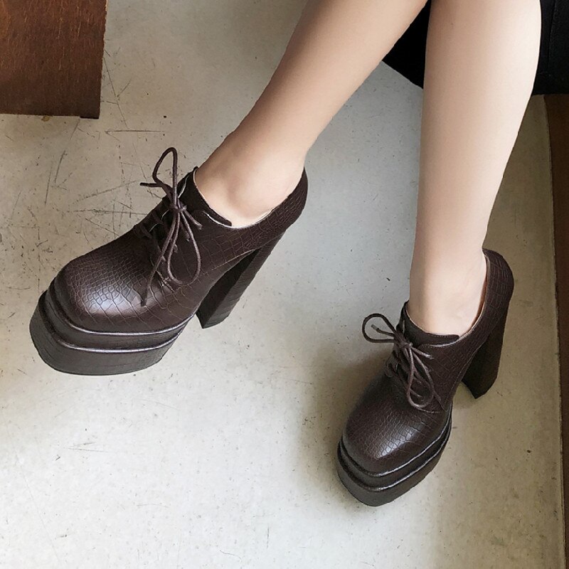 Women Pumps Brand Fashion New Square Toe Platform Thick High Heels Lace-Up Shoes Party Office Ladies