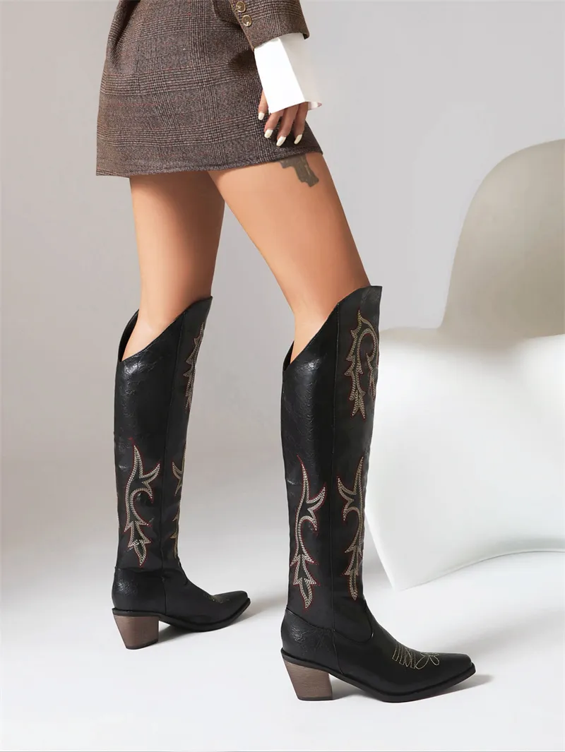 Country Thigh Block Sole Sharp Tip Boots