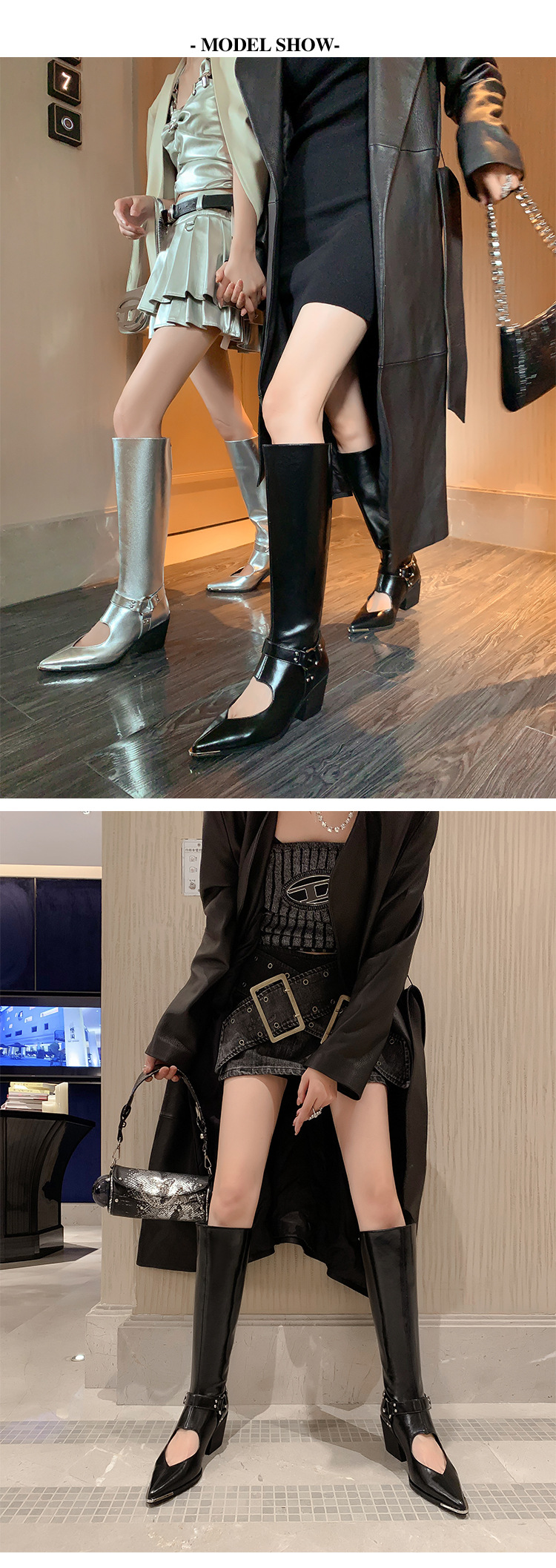 Genuine Leather Shoes Woman Knee HIgh Boots Spring Autumn Pointed Toe CHunky Heels Black Silver Dress Party Casual Shoes