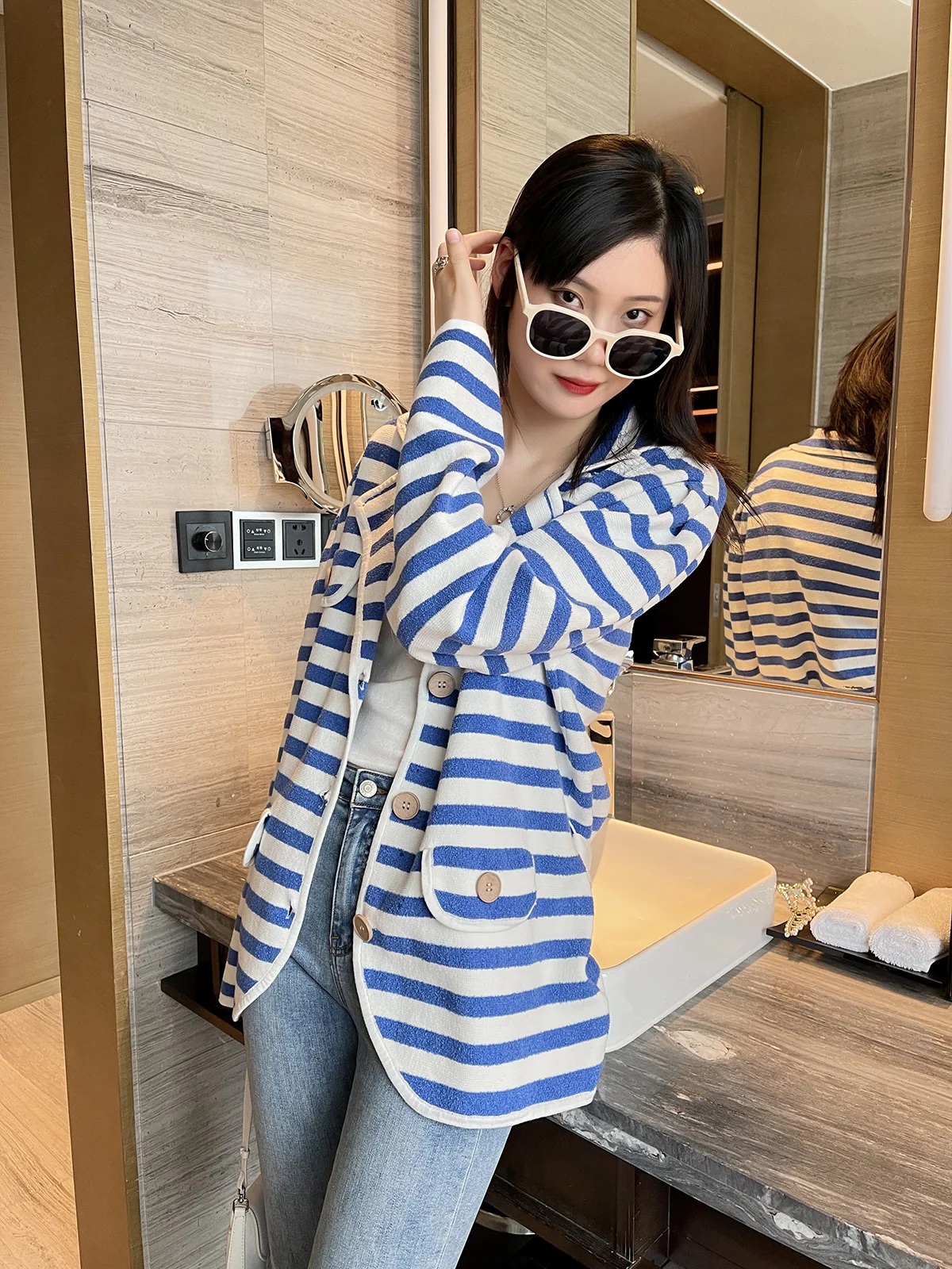 Ladies Relaxed Button Front Colorblock Cardigan