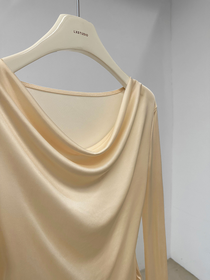 Women Slim Solid Cowl Neck Elongated Sleeve Tee