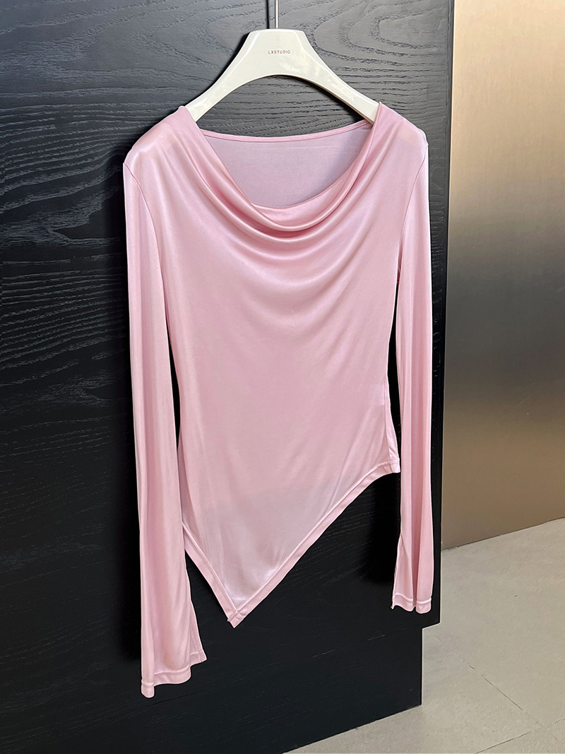 Women Slim Solid Cowl Neck Elongated Sleeve Tee