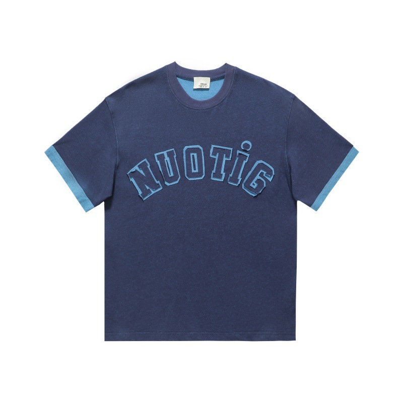 Letter sticker color blocked loose small collar short sleeved T