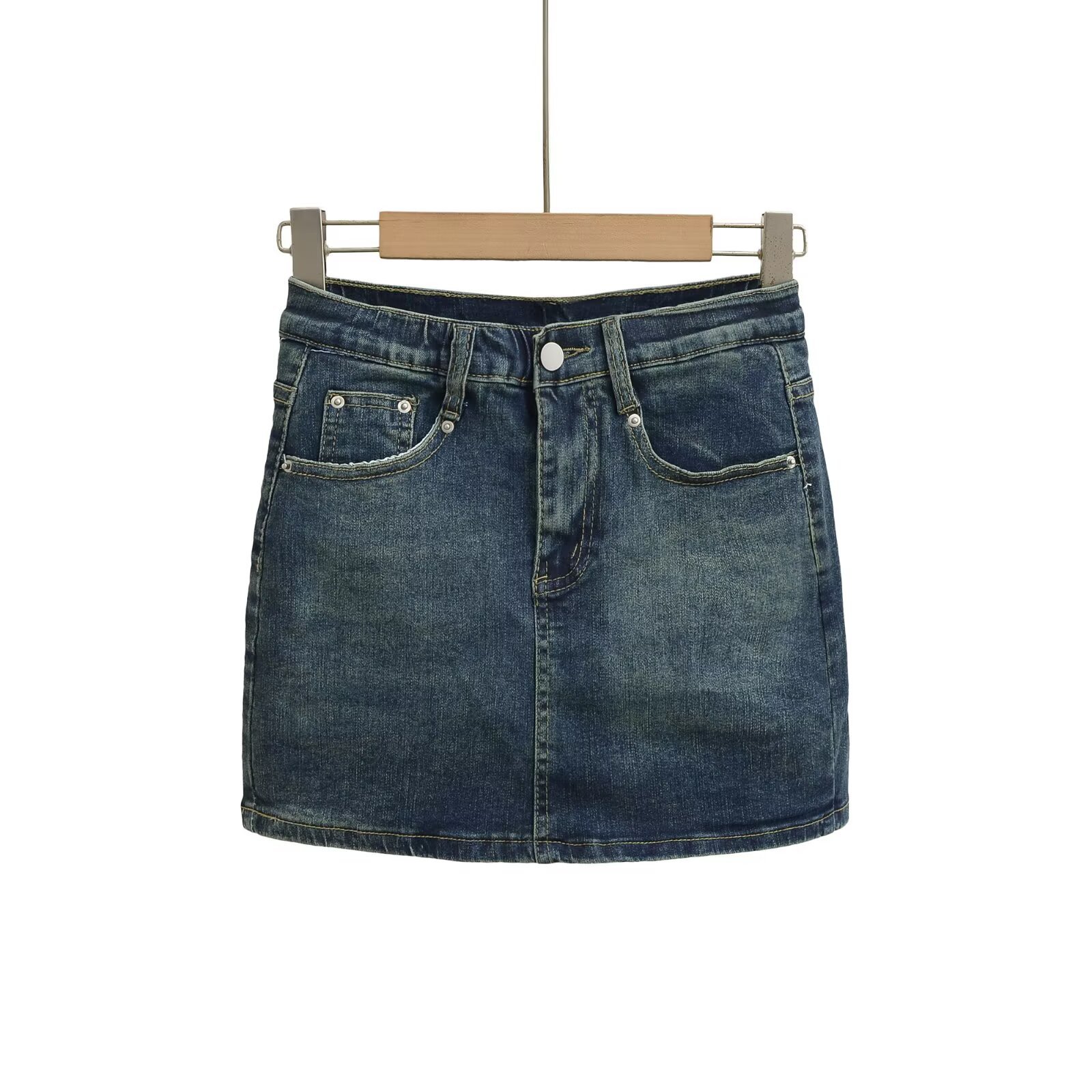 High waisted hip hugging denim short skirt midi skirt