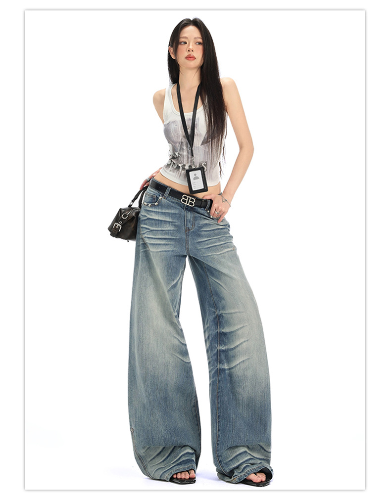 Retro Spicy Girl Washed Pleated Wide-Leg Jeans Women's Cracked Design Loose Drape Floor-Length Pants