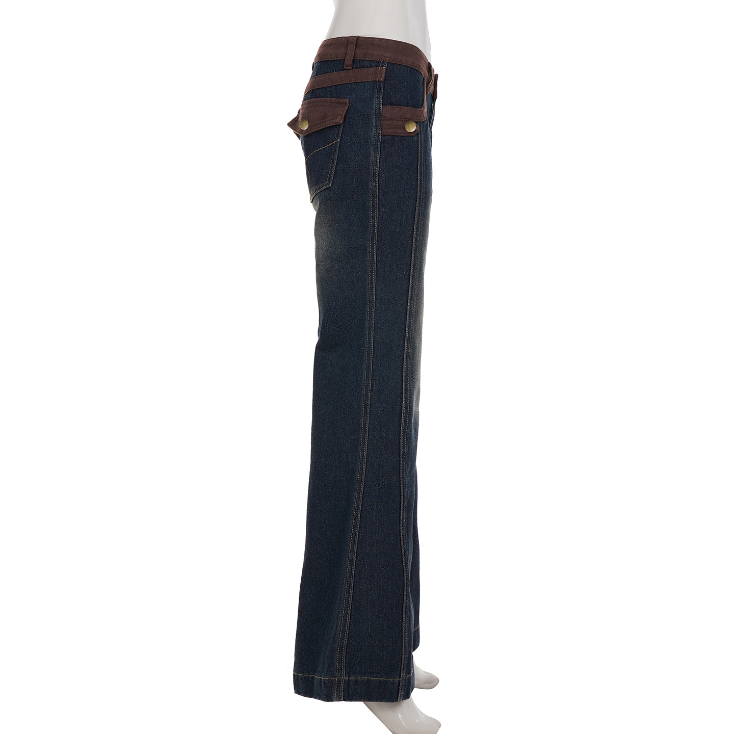 Street Motorcycle Retro Style Patchwork Color Block Flare Denim Pants Slim Fit Casual Long Trousers