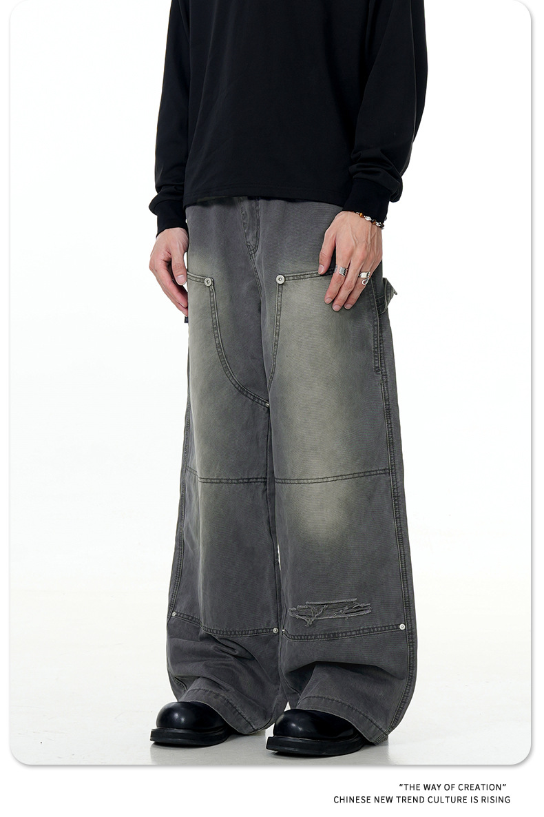 Carpenter Work Pants for Men and Women Vintage Washed Distressed Riveted Denim Loose Straight Leg Long Trousers