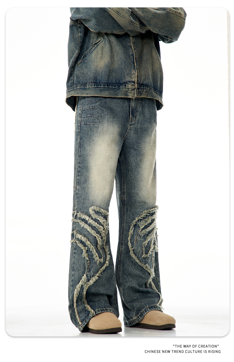 Faded Denim Pants Vintage Blue High Street Design Distressed Personality Straight Loose Casual Slim Fit Long Trousers