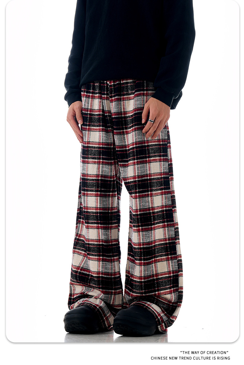 Block Red Plaid Drawstring Straight Casual Pants Unisex Pure Cotton Lazy Style Slimming Long Trousers