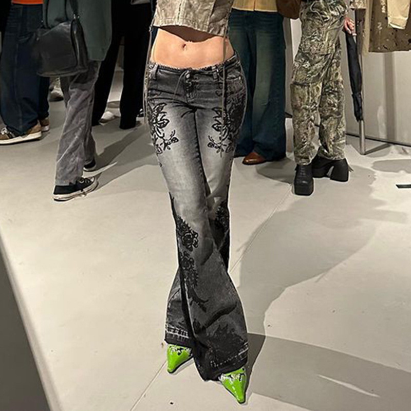 Retro plant print washed water slim fit and slimming flared jeans