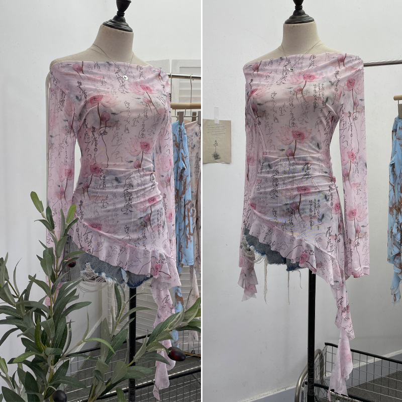 Flirty Asymmetrical Gathered Long Sleeve Top