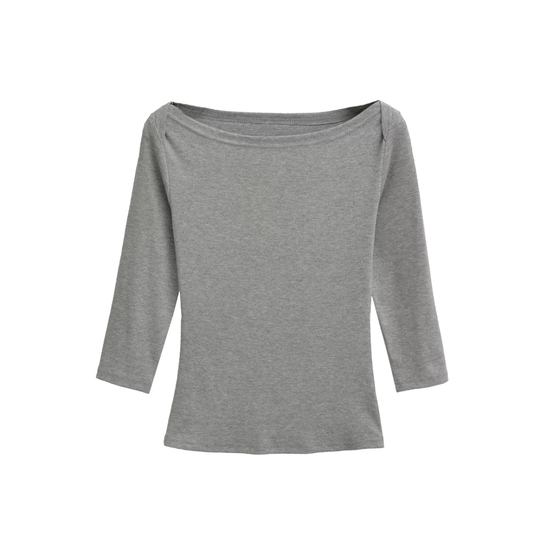 Slim Fit Plain Asymmetric Neck Elbow-Length Midriff Tee