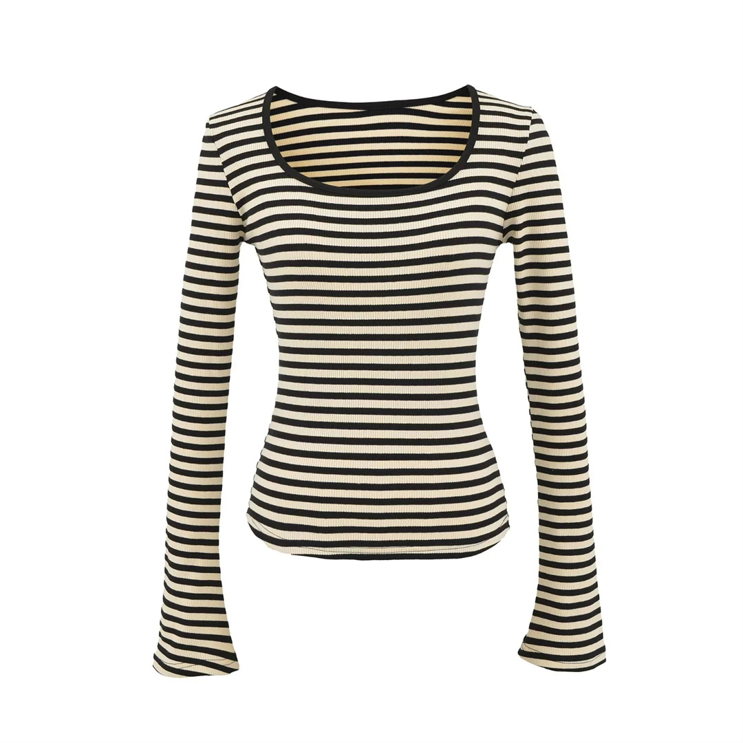 Flirty Boxy Neckline Arm-Length Striped Body