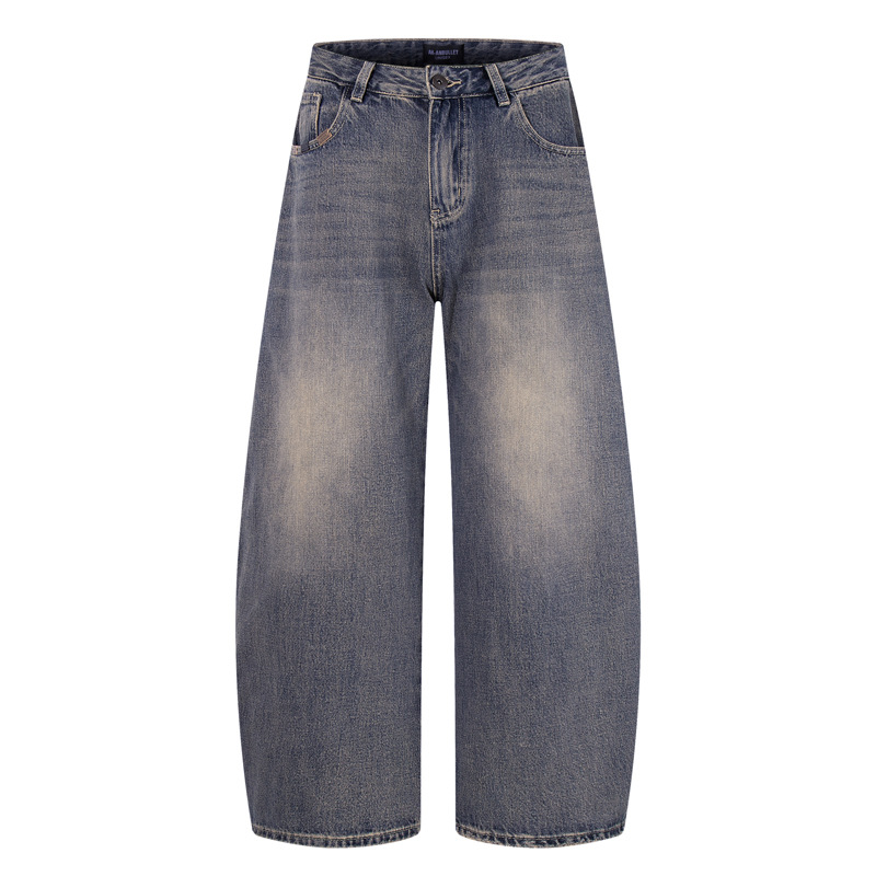 Washed Gradient Knife-Edge Denim Pants Men Streetwear High-Street Vibe Loose Straight Leg Wide Leg Pants