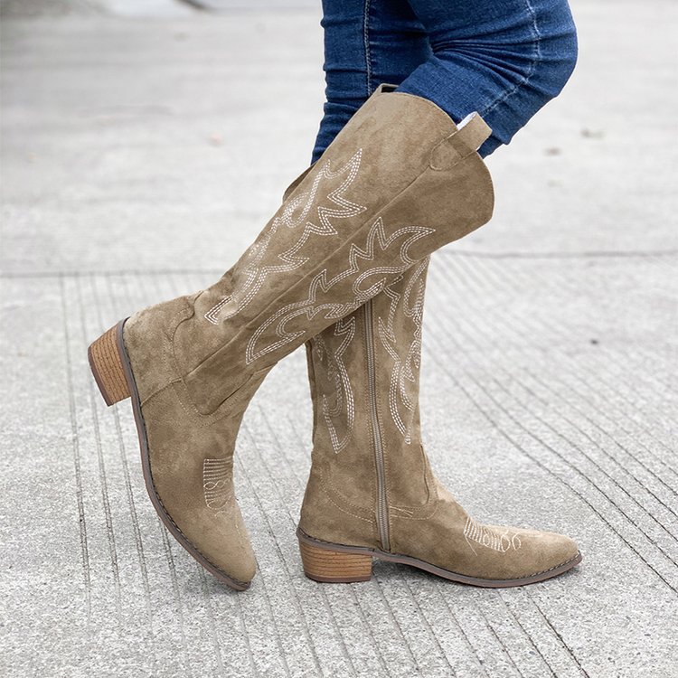 Brown thick heeled mid calf knight boots short boots Western cowboy