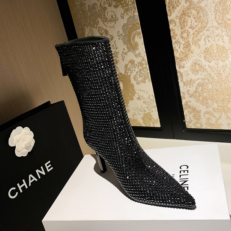 Women's Rhinestone High Heel Booties Fall New Pointed Toe Mid Boots 8.5cm High Heel Black Rhinestone Side Zipper Boots Size 39