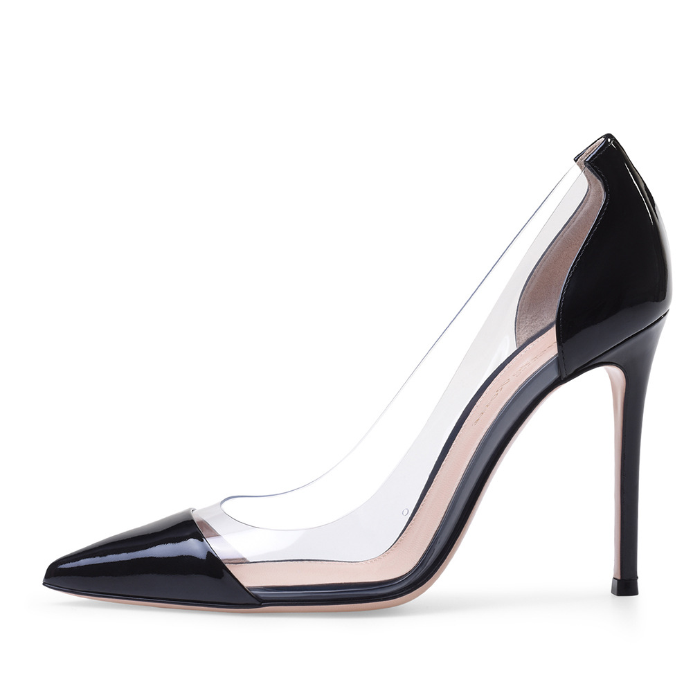 PVC Spliced Pointed High Heel Single Shoes Large Womens Shoes Fashion Shoes