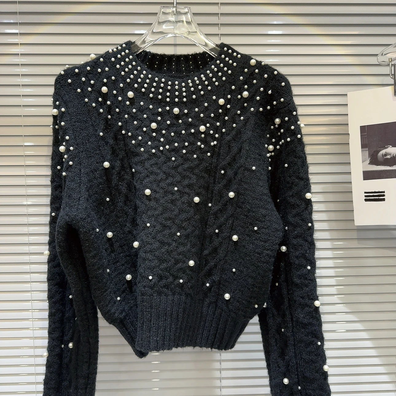 Ladies Beaded Mesh Crew Sweater