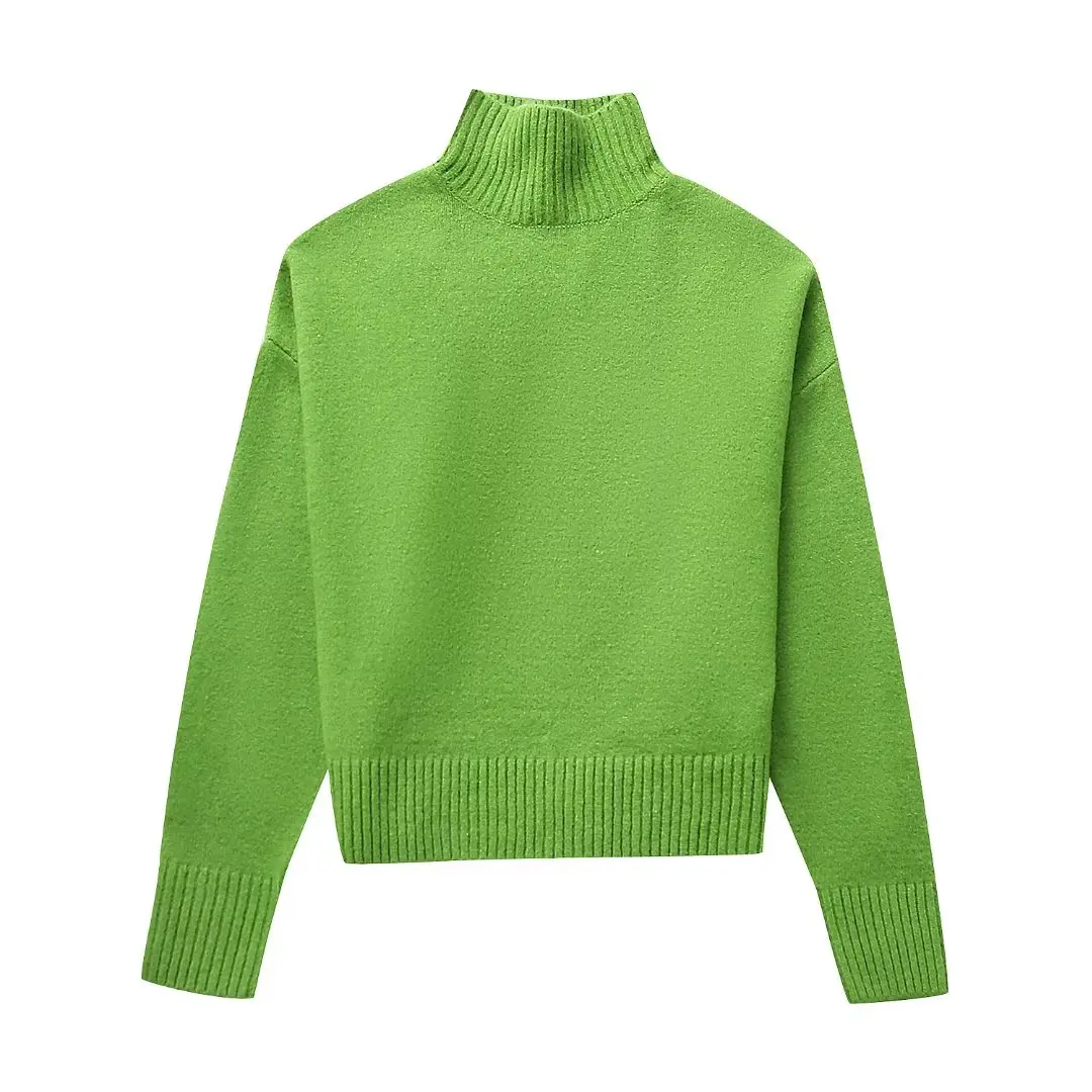Ladies Olive Mock Neck Cropped Knit Sweater