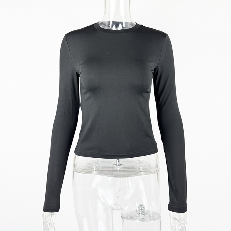 Long sleeved round neck T-shirt solid color slim fit top