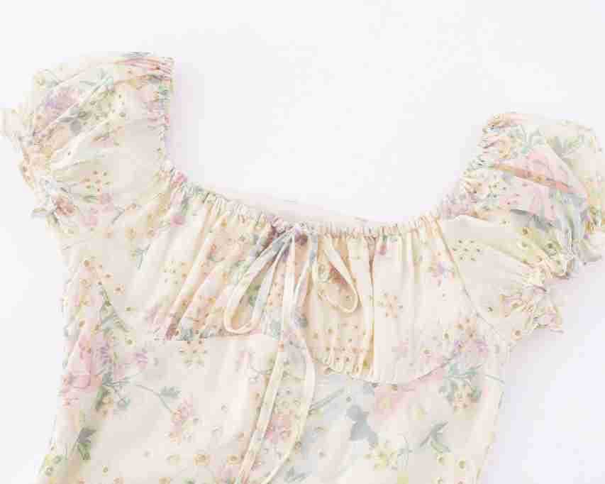 Square Neck Printed Waist-Cinched Short Sleeve Dress Long Skirt
