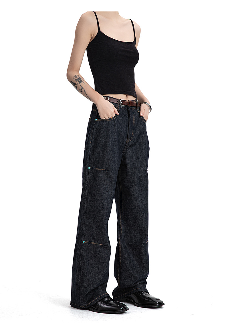 Denim Pants Deep Blue Straight Flared Wide Leg A-Line Trousers