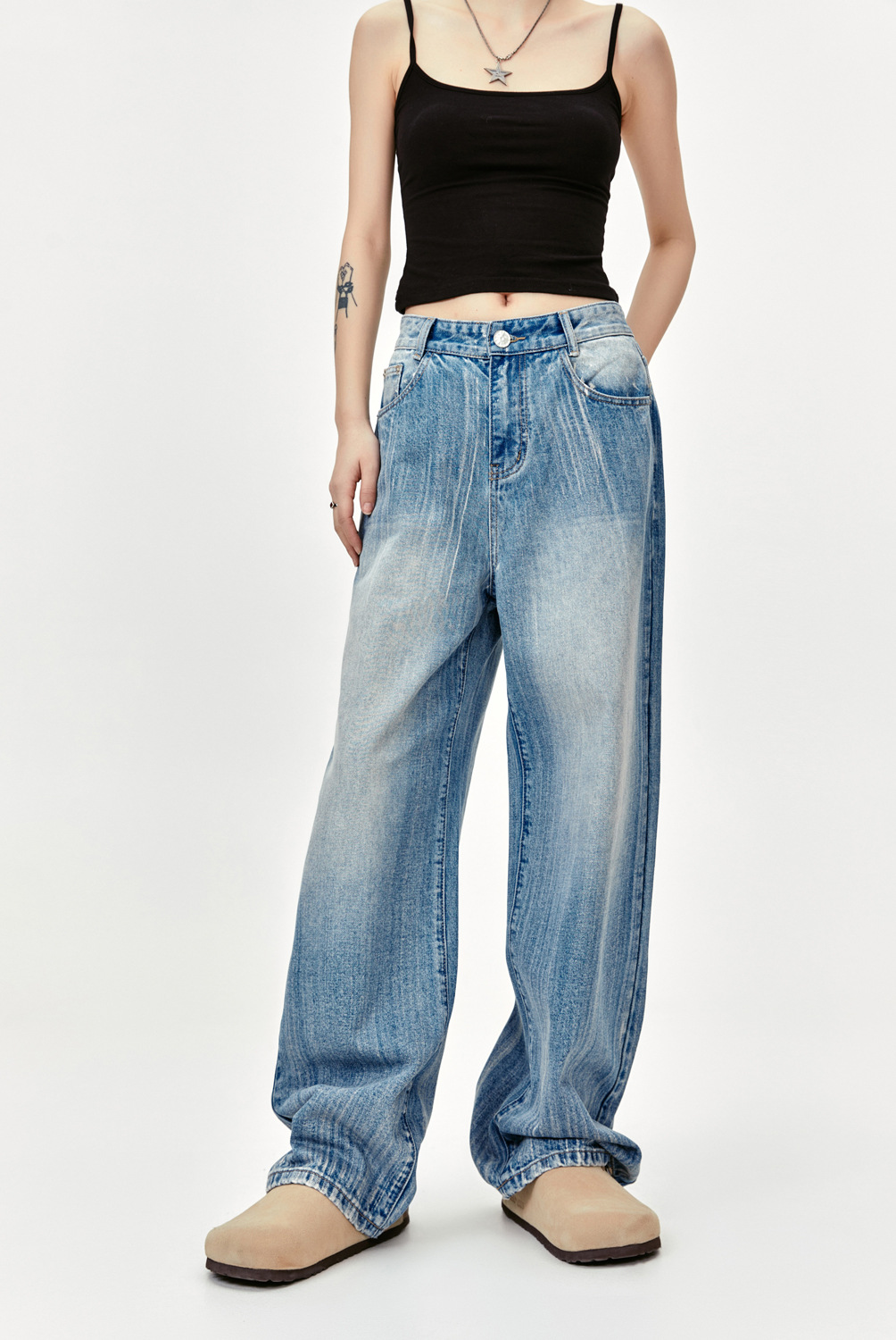 Washed Design Streamline Scratch Oversize Floor-Length Denim Pants