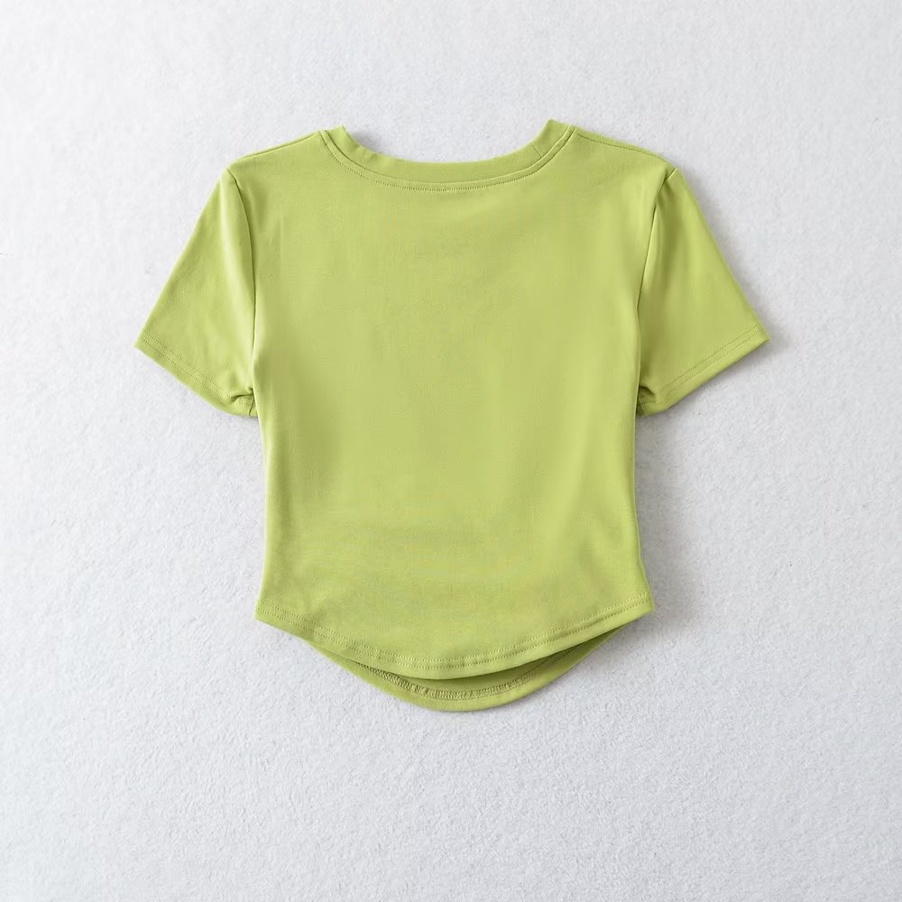 Slim Crew Half Sleeve Gathered Cropped Scalloped T-shirt