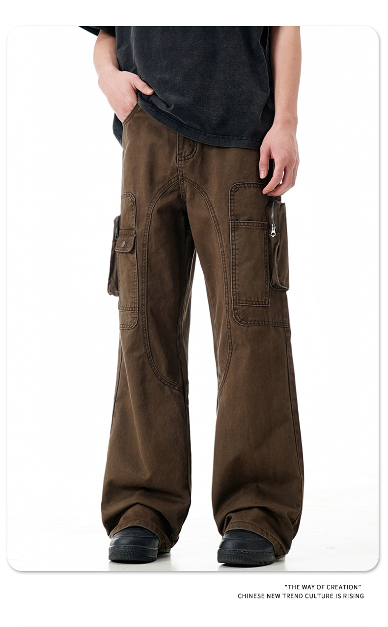 High Street Vibe Flared Loose Multi-Pocket Distressed Straight Casual Long Pants