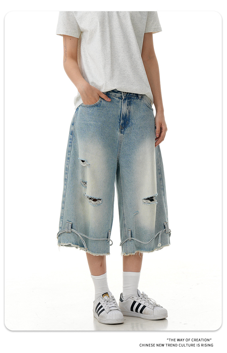 Street Washed Distressed Denim Shorts Loose Wide-Legged Vintage Straight Drawstring Three-Quarter Pants