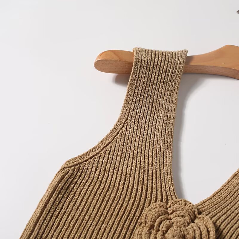 Ladies Plunging Sleeveless 3D Floral Knit Vest