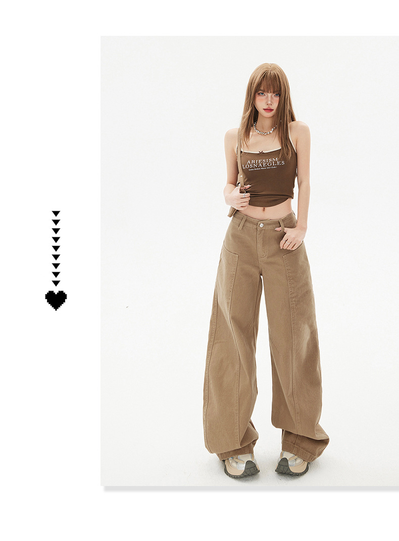 Women's Saber Design Khaki Straight Leg Wide Leg Jeans for Pear-Shaped Body Casual Pants