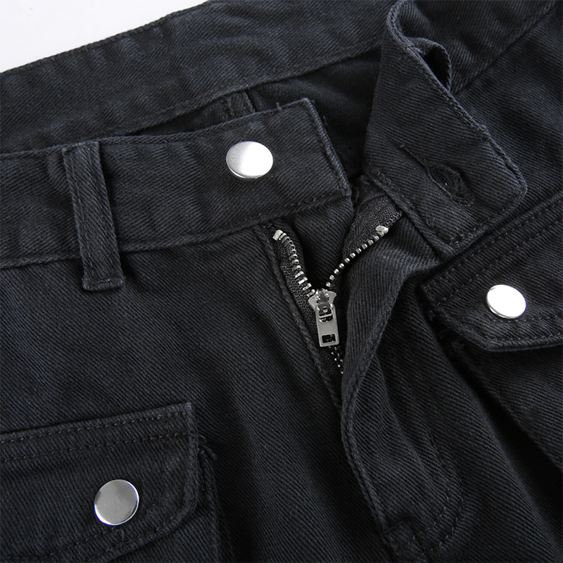 Metal buckle contrasting print high waisted workwear jeans for women