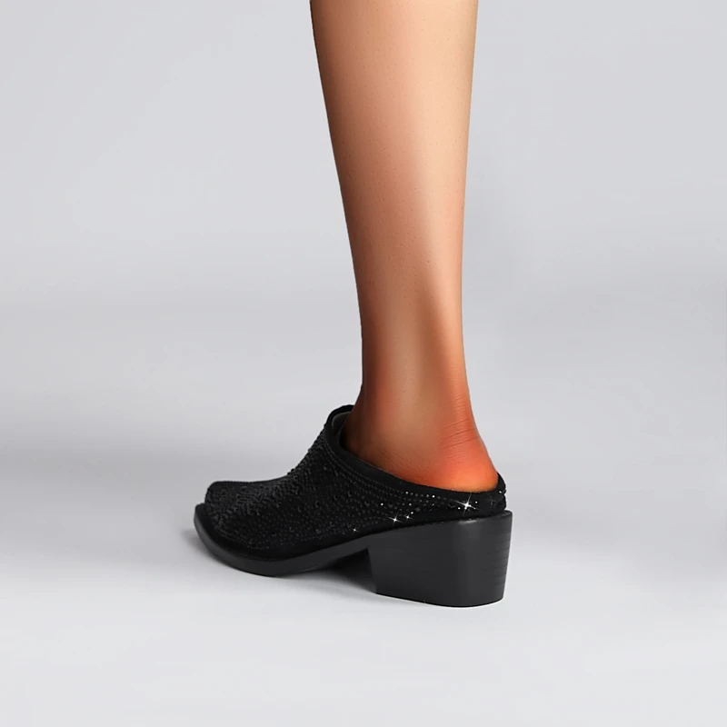 Ladies Tapered Toe Chunky Suede Crystal Mules