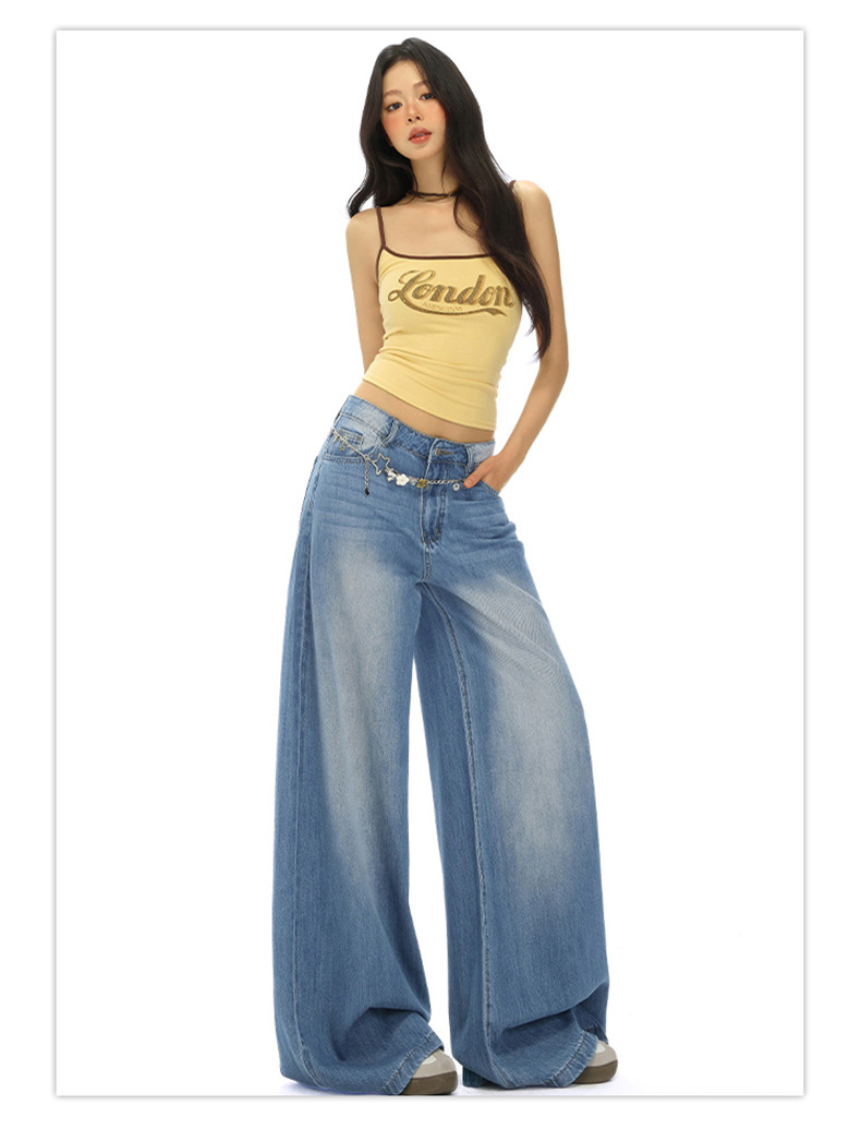 Light Blue High-Waisted Loose Fit Wide-Leg Jeans for Women, Casual Floor-Length Straight Leg Pants