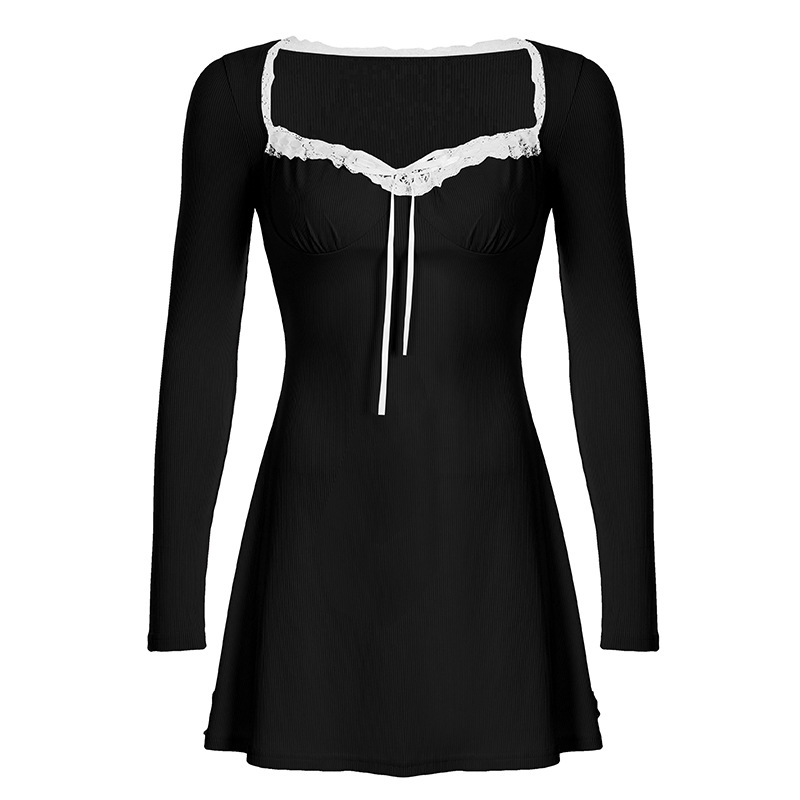 Lace Splicing Pleated Tie V-neck Dress Versatile Slimming Waist Short Skirt