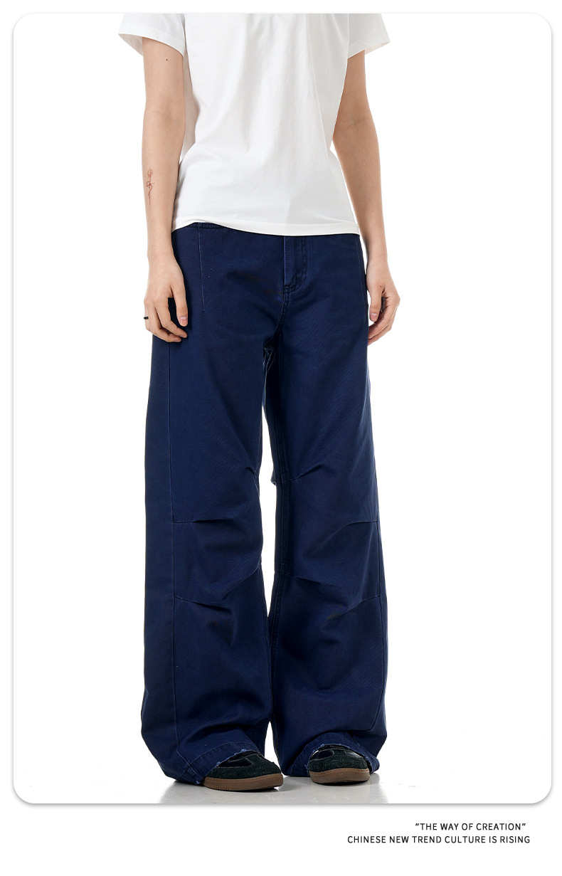Simple Work Pants for Men and Women Faded Pleated Loose Wide-Leg Trendy Casual Trousers