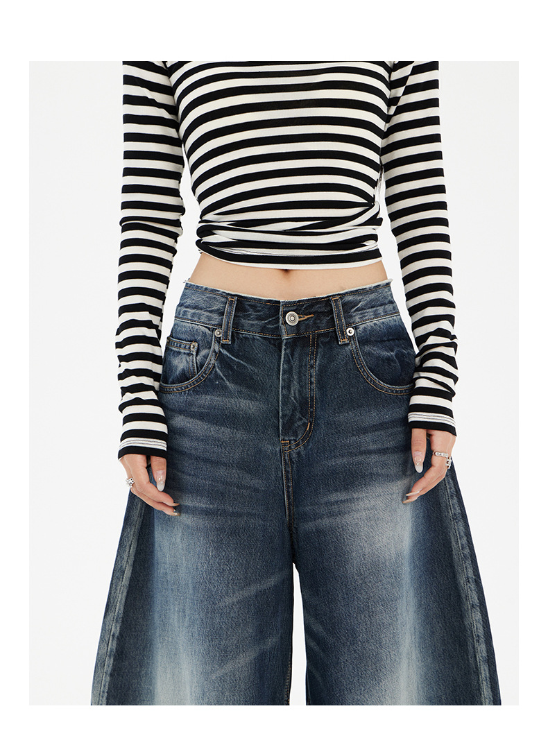 Women's Wide-Leg Jeans Washed Blue Pear-Shaped Slant Pants