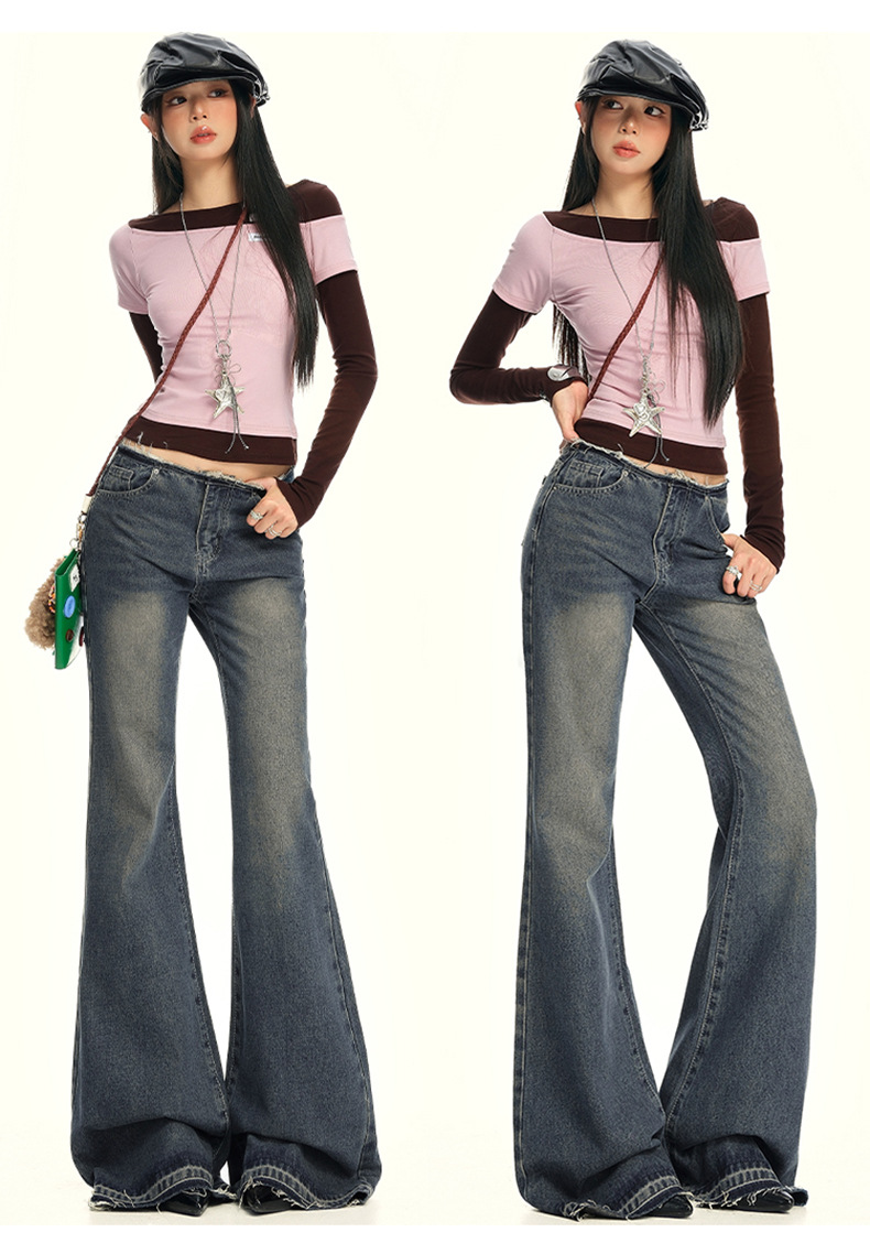 Women's Low Waist Flared Jeans Long Trumpet Pants Non-Skinny Trousers