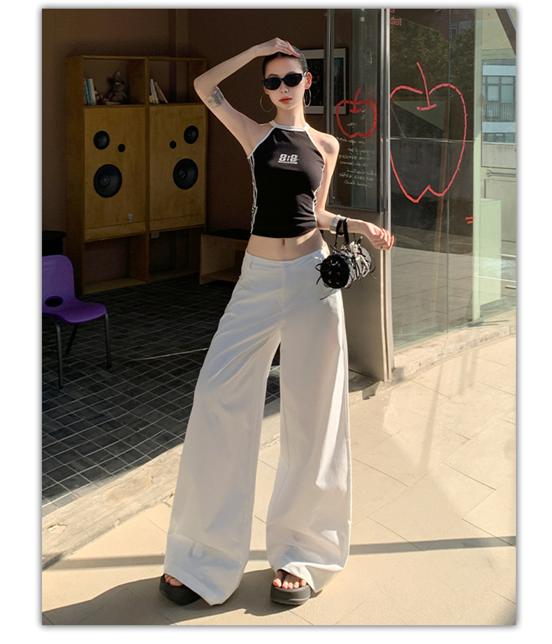 White Wide-Leg Casual Pants Light Weight High Waist Long Length Trousers for Tall Women